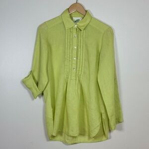 Nurture Women Linen Tunic Top Size S Lime Green Pintuck Roll Tab Sleeve Boho